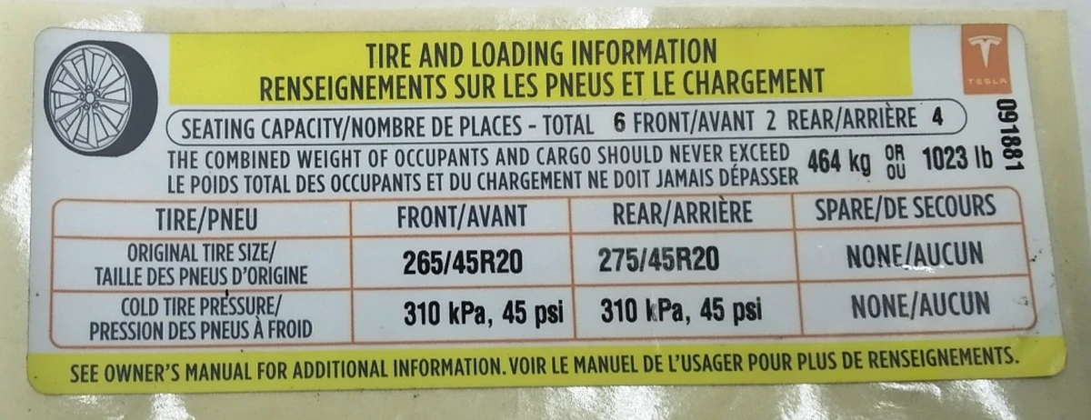 7 Label (label, sticker) with x-mi wheels and max. permissible additional load Tesla model X 75D 1013935-00-C