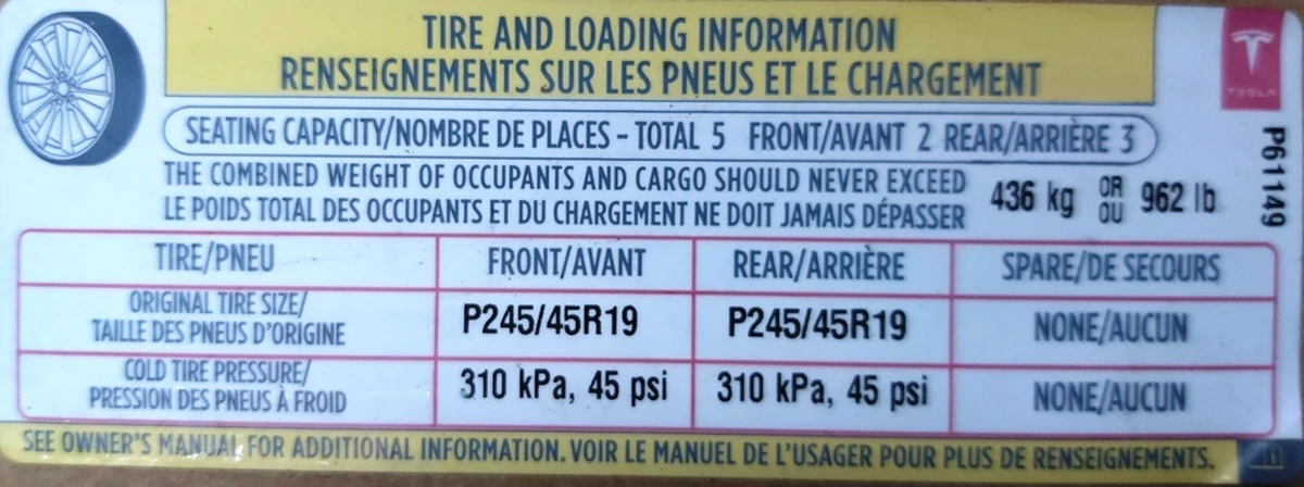 3 LBL,TIRE PRESSURE & LOADING INFO LABEL Tesla model S 85 1013935-00-C