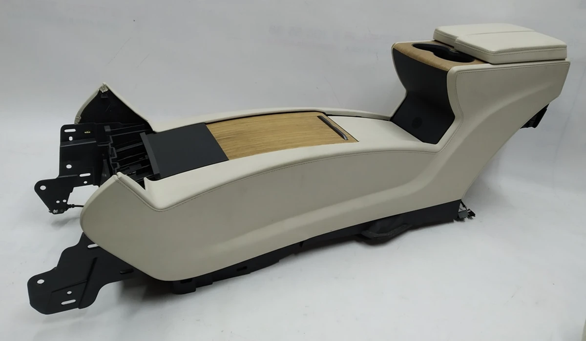 1 Center console assembly beige leather armrest, textured wood cup holder (damaged) Tesla model X, model S REST 1026728-S0-E