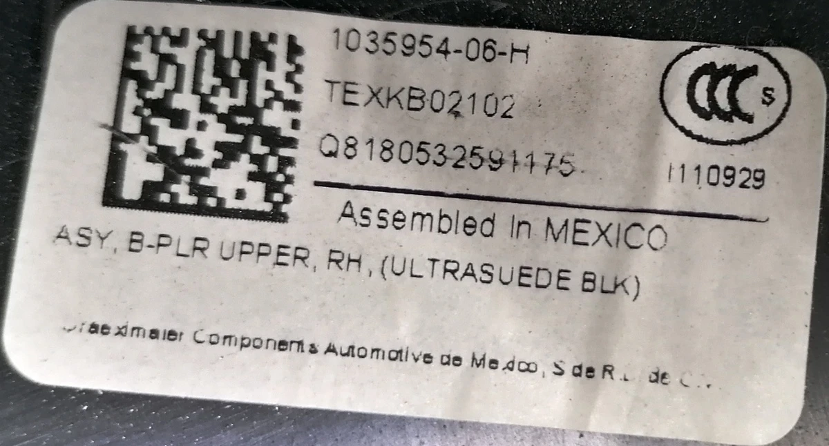 Assembly, B-PLR Upper, RH, ULTRASUEDE BLK Tesla Model X 1035954-06-I