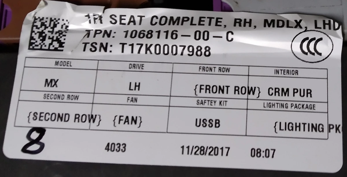 2 Passenger seat assembly PUR CRM (without decorative overlays) Tesla model X 9876524-03-A