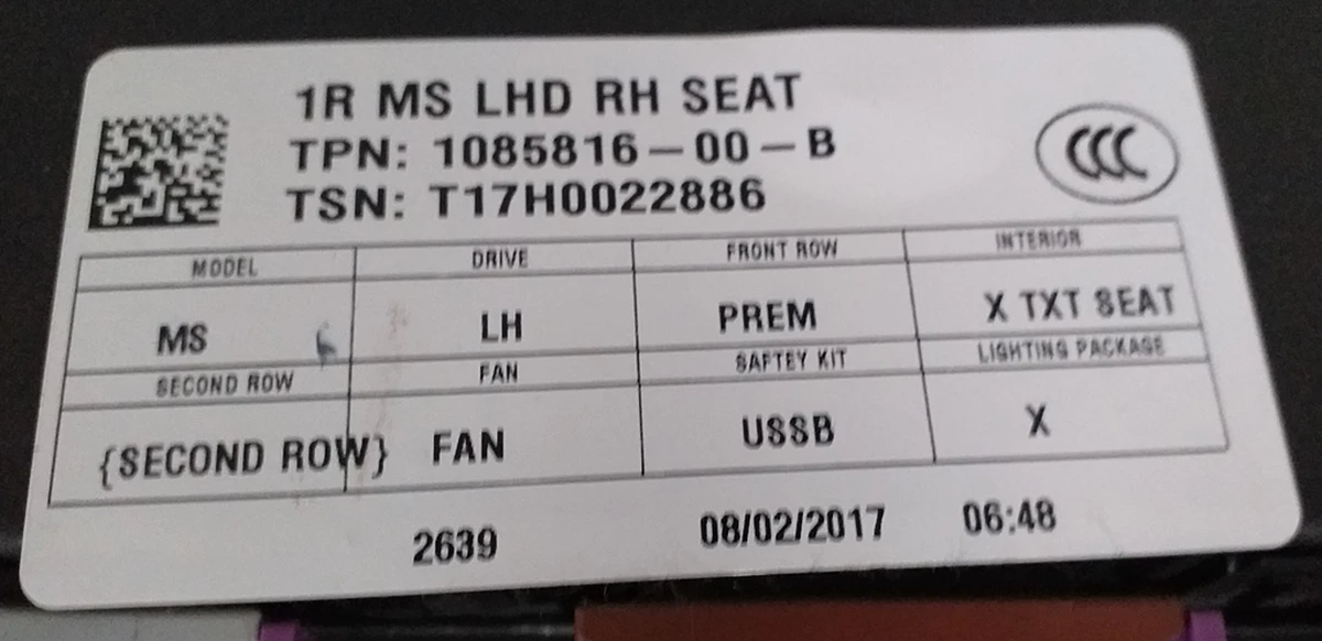 Сиденье пассажирское в сборе с памятью положения, без подушки безопасности X TXT SEAT (GEN 3) Tesla model S REST 1105949-02-B