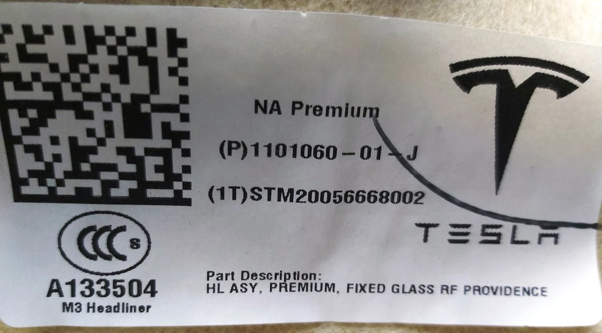 1 Обшивка потолка панорамной крыши PREMIUM FIX GLASS RF PROVIDENCE GREY в полном сборе Tesla model 3 1101060-01-J