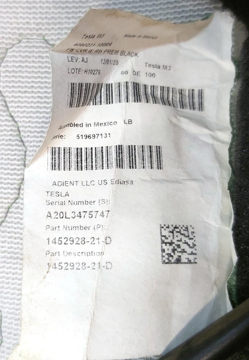 14 Обшивка спинки пассажирского сиденья с подогревом PREM PUR BLK Tesla model 3, model Y 1920673-01-A