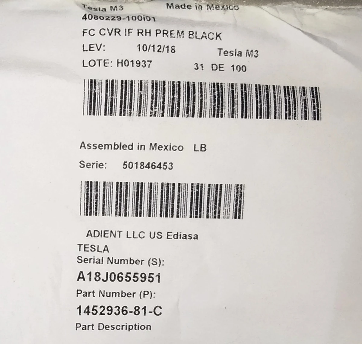 8 Обшивка нижньої частини пасажирського сидіння з підігрівом PREM PUR BLK Tesla model 3 1452871-91-E