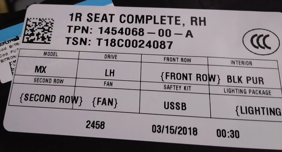 2 Passenger seat assembly PUR BLK Tesla model S REST, model X 9876524-02-A