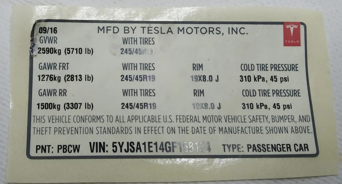 LBL,BLANK MFG CERTIFICATION Tesla model S REST 75 1462927-00-C