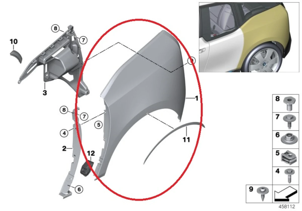 Крило заднє ліве (пластик) B78 (Solar Orange Metallic) (з пошкодженням) в зборі BMW i3 51137375163