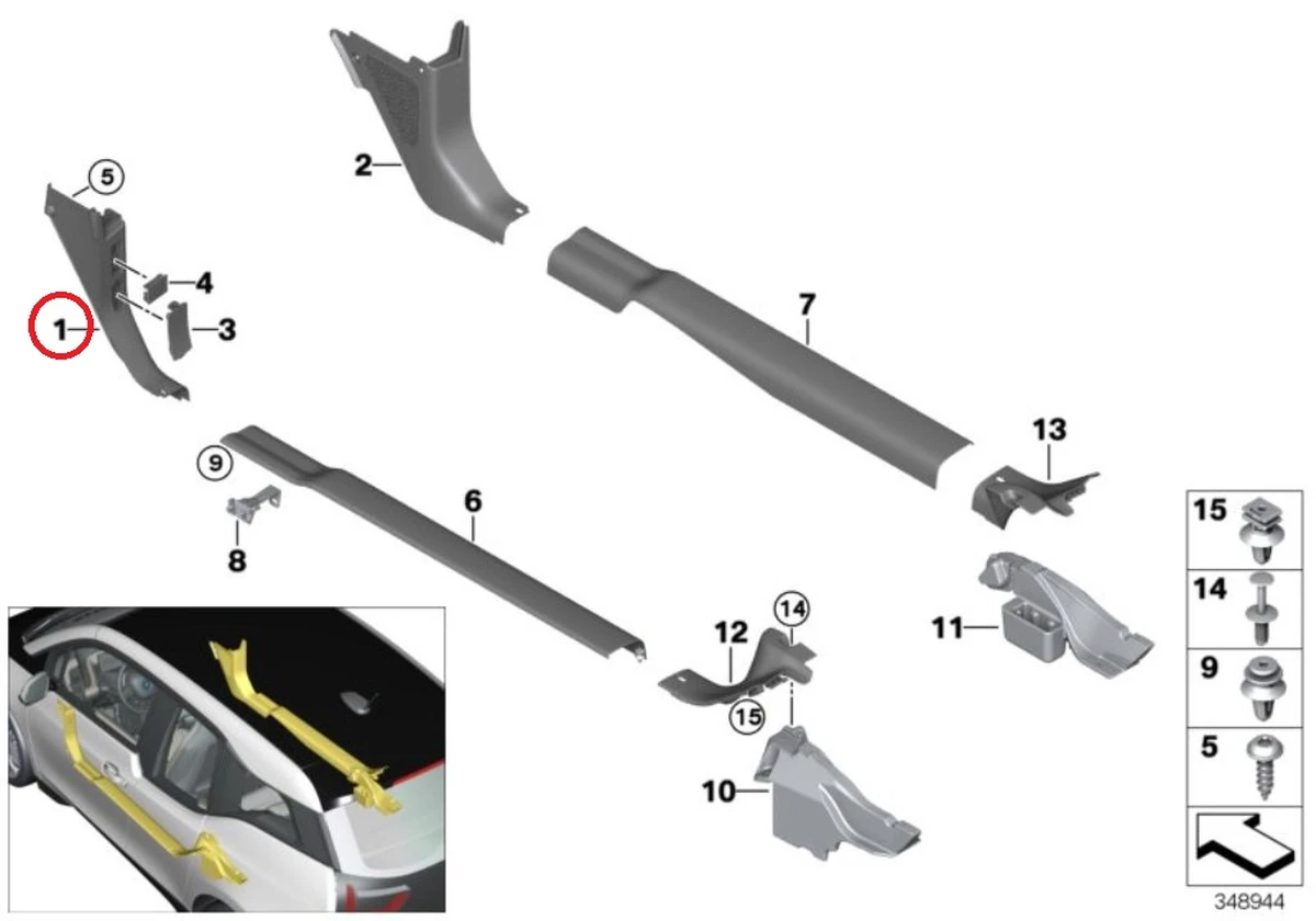 Облицювання порогу стійки А нижня ліва в зборі з кнопками відкриття багажника капота паливного люка BMW i3 51437272417