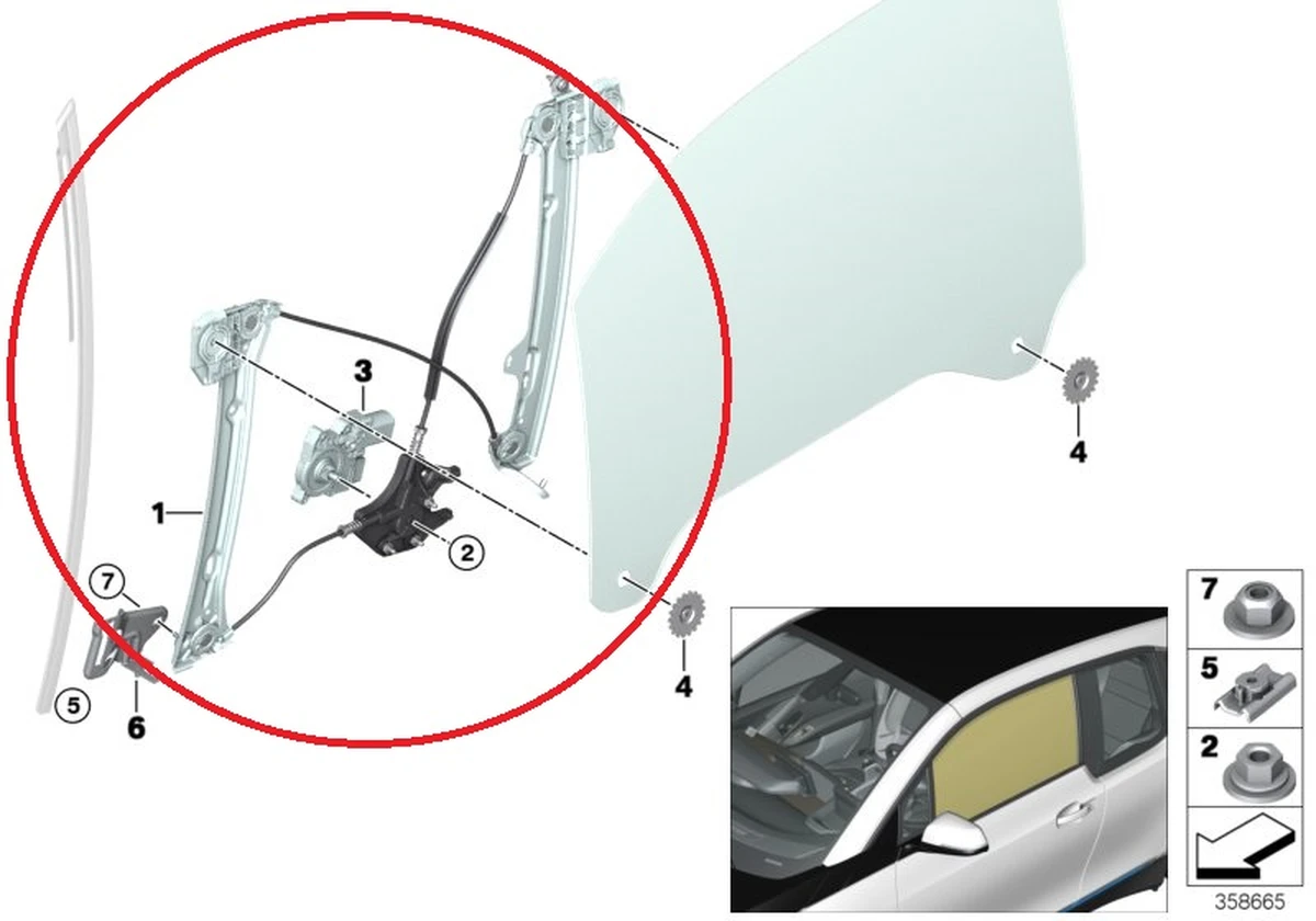 Front right window lifter assembly with electric motor and glass position clamps BMW i3 51337352876