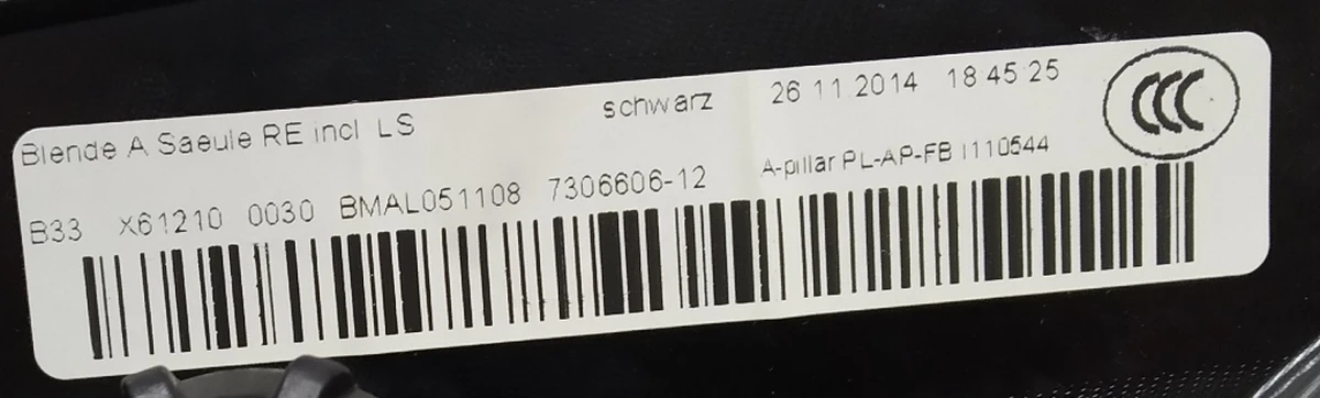 Facing pillar A right DALBERGIA BRAUN (to the sound of Harman Kardon) assy BMW I3 51437376214