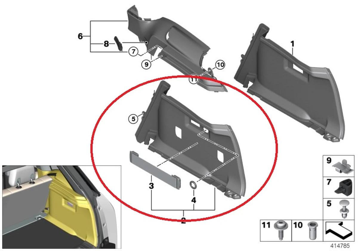 Right side trunk trim assembly with tie strap, flashlight and 12V connector BMW I3 51477314756