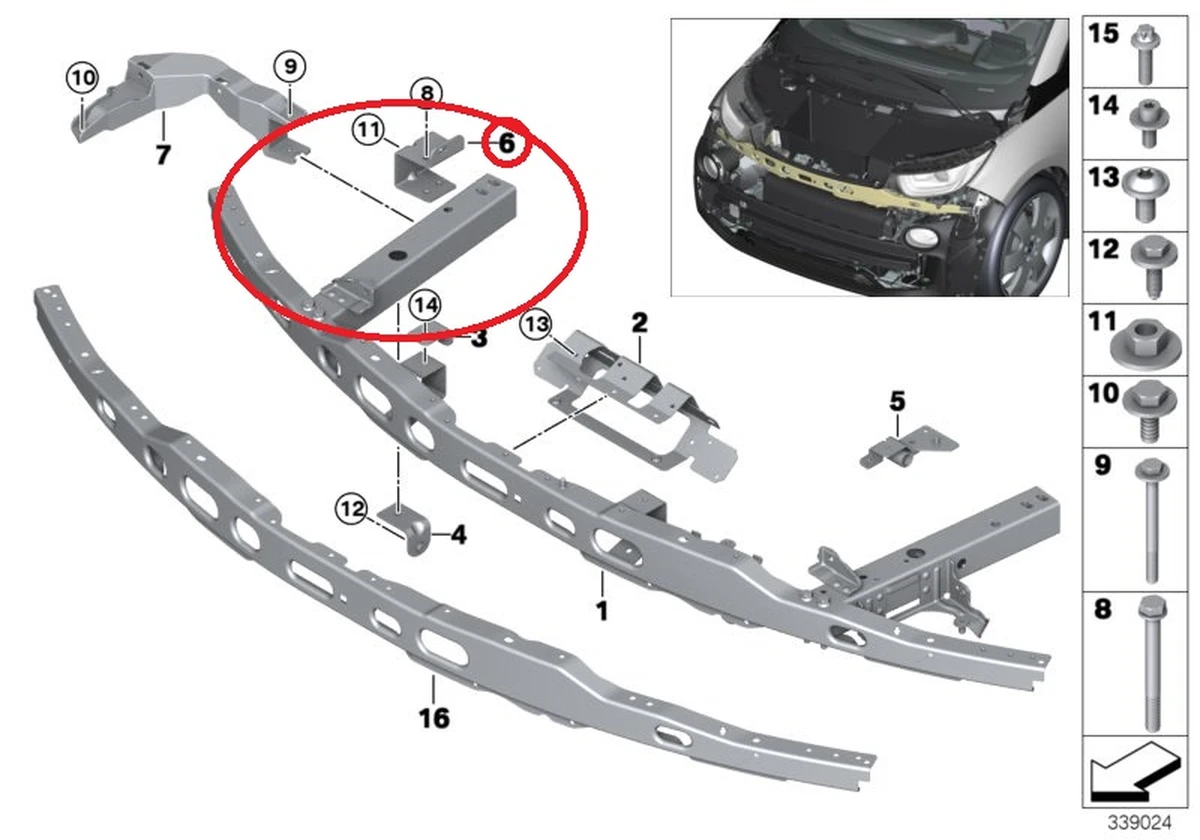 Деформирующийся элемент (стакан) верхнего усилителя бампера переднего правый в сборе с кронштейном крепления BMW I3 51647296805